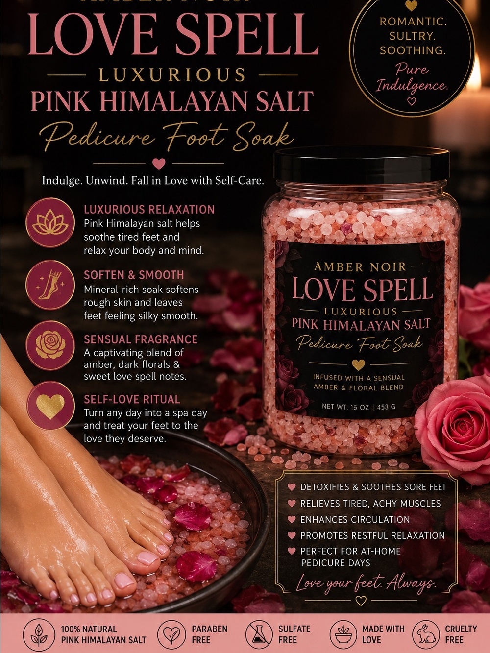 Hand Crafted Love Spell Pink Himalayan Salt Pedicure Soak